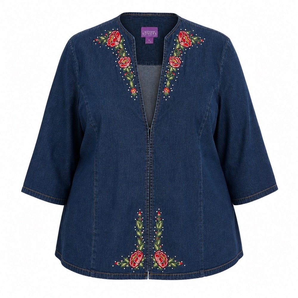 Suzanne Somers Denim Jacket 1X Blue Floral Embroidered Rhinestone Boho Classic